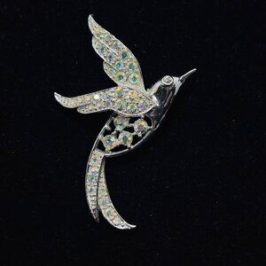 Vintage Sarah Coventry Silver Tone Aurora Borealis Rhinestone Bird Brooch (5189)